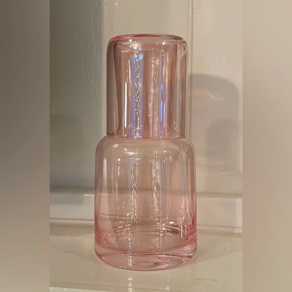 NWT Pink Glass Carafe with Cup. No Box - Picture 2 of 3